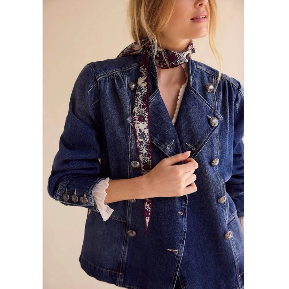 Free People Imogene Denim Officer Jacket in Ensign Wash Size XL Military Denim - Picture 5 of 16